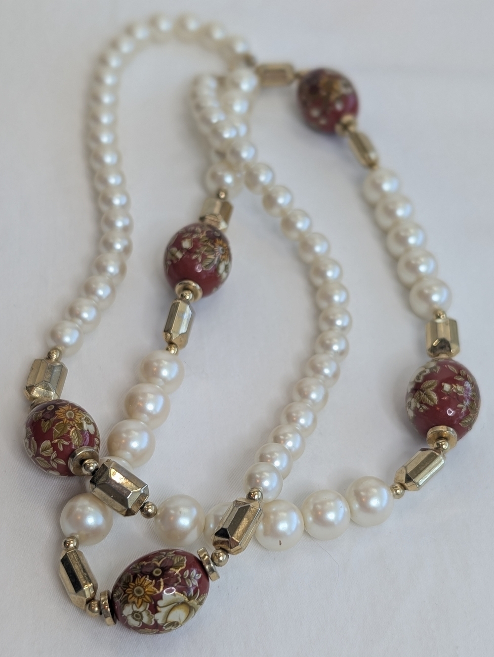 Vintage Cloisonne & Glass Pearl Necklace - Japan - Classic Estate Jewelry